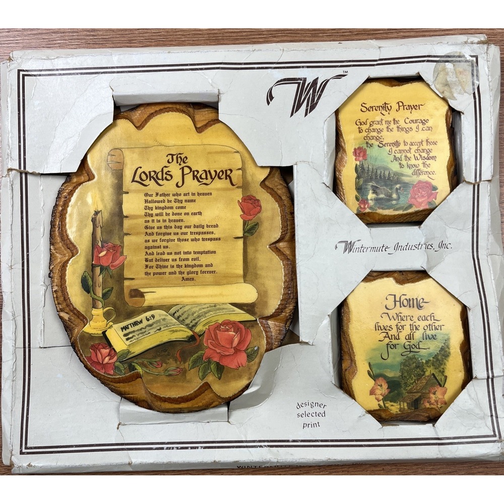 Vintage MCM Wintermute 3 Piece Wood Plaques Lords Prayer, Serenity Prayer NEW